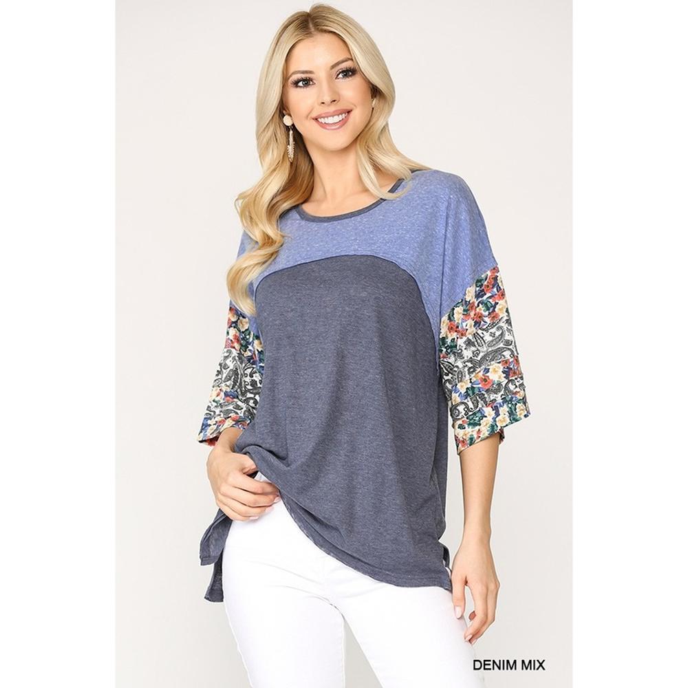 Colorblock Knit And Floral Print Mixed Top With Dolman Sleeve - Picture 1 of 7